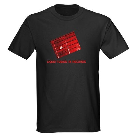 Black T-Shirt with Liquid Fusion words and Red Guitar Neck Image